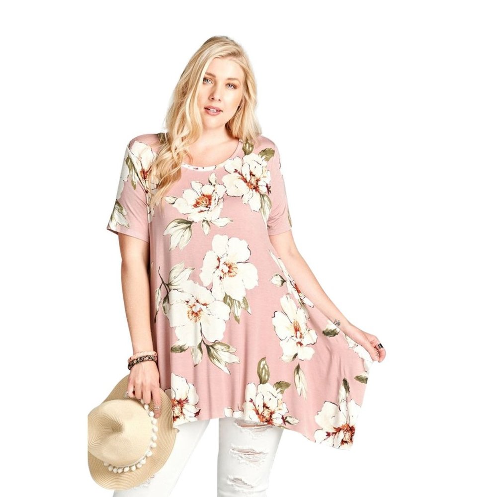 Oddi Floral Sharkbite Short Sleeve Tunic, Mauve